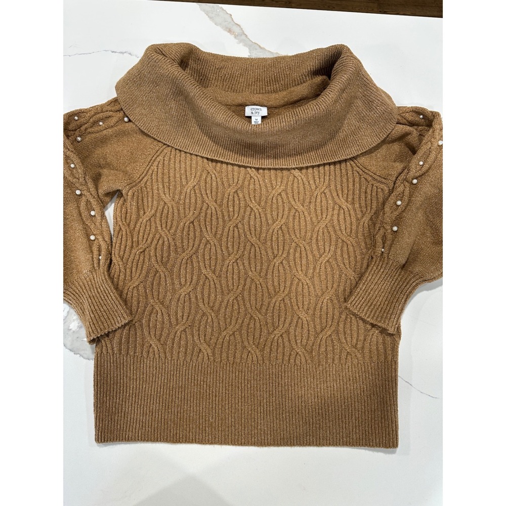 Crown Ivy Womens Camel Cable Knit Cowl Neck Sweater Pearls Detail Size M